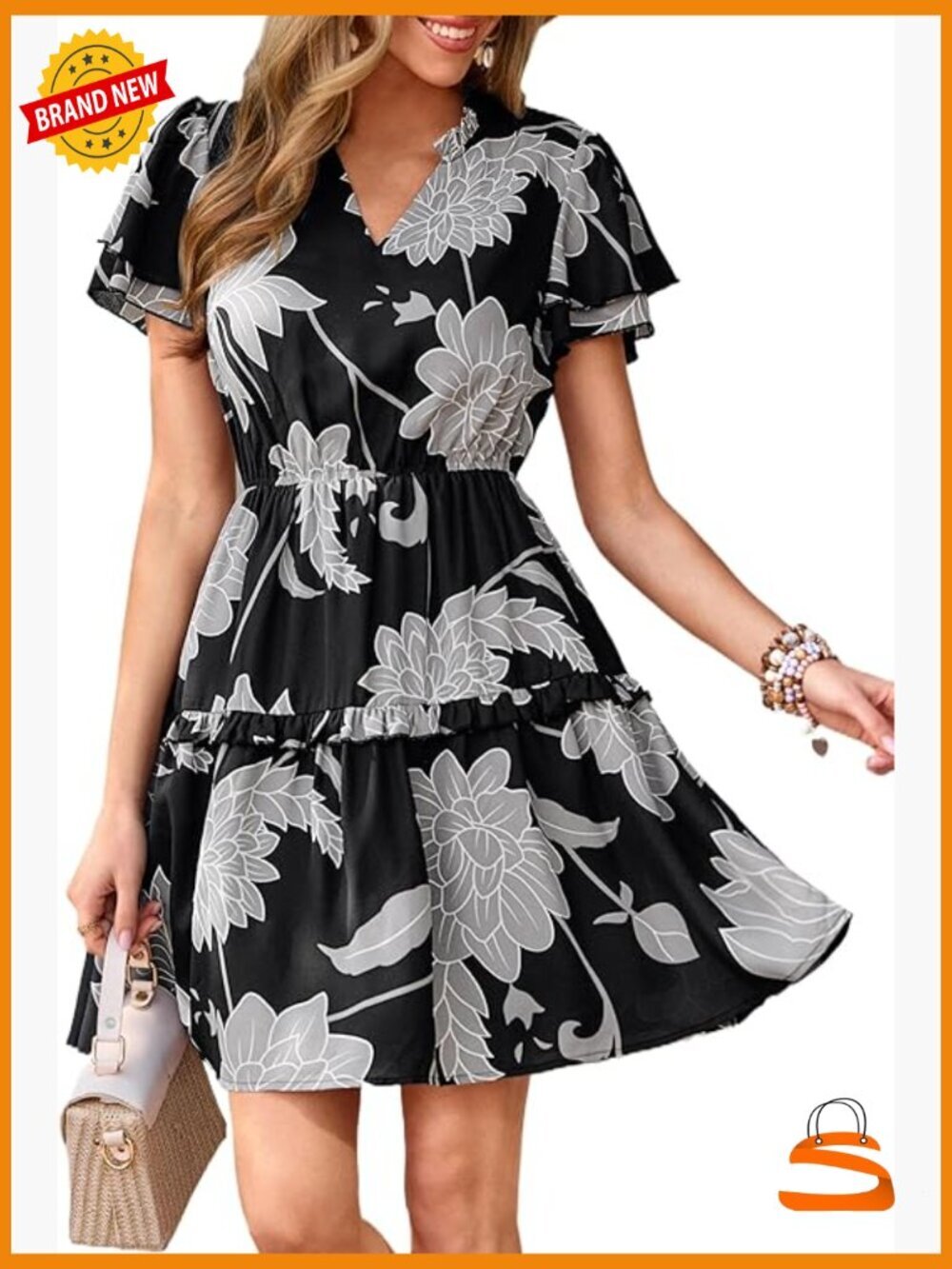Women's Floral Mini Dress Short Sleeve V-Neck A-Line Ruffle Beach Casual Summer
